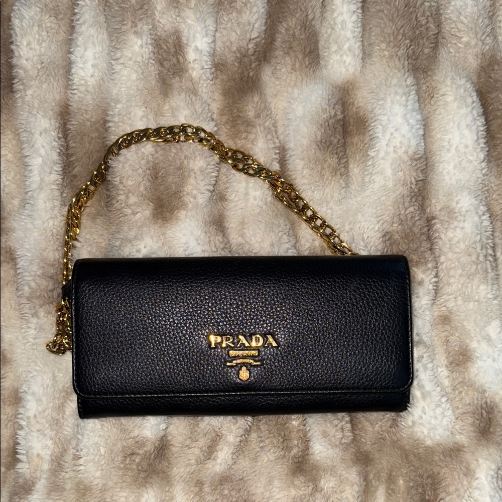 Prada Black Leather Wallet with Gold Chain